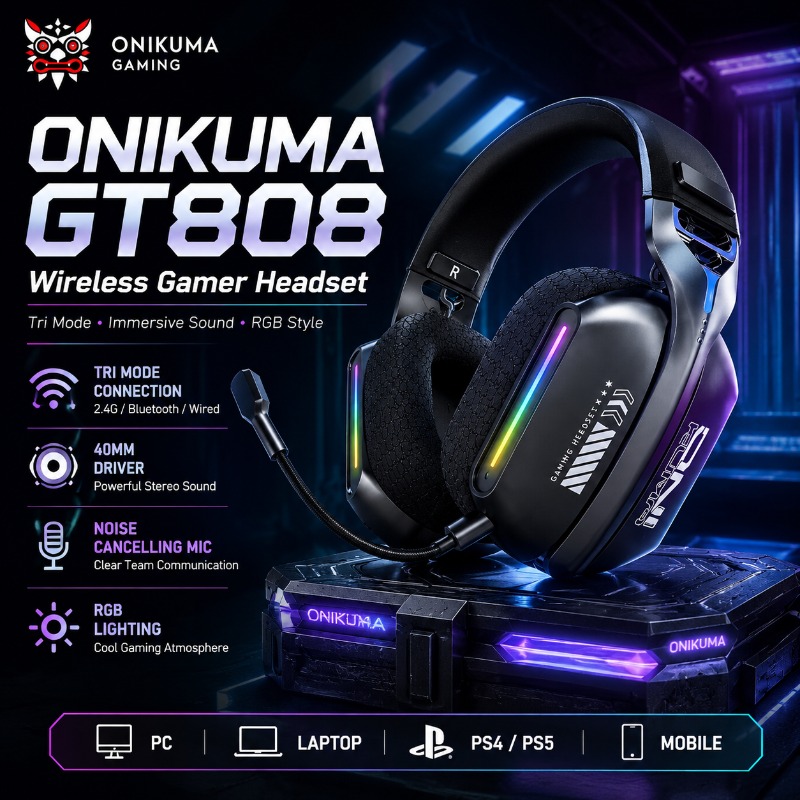 Home Cinema Amazon - ONIKUMA GT808 Headset Gaming Nirkabel Tri